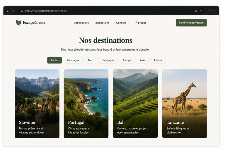 Aperçu page Destinations EscapeGreen