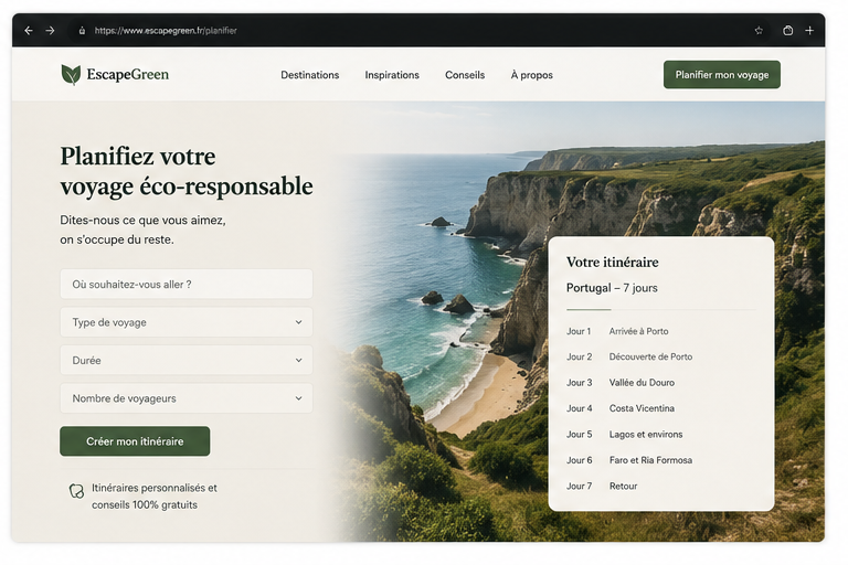 Aperçu page Planificateur EscapeGreen